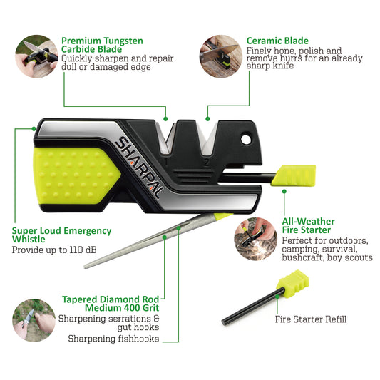 101N-G 6-In-1 Knife Sharpener & Survival Tool - Green, with Two Ferro Rods