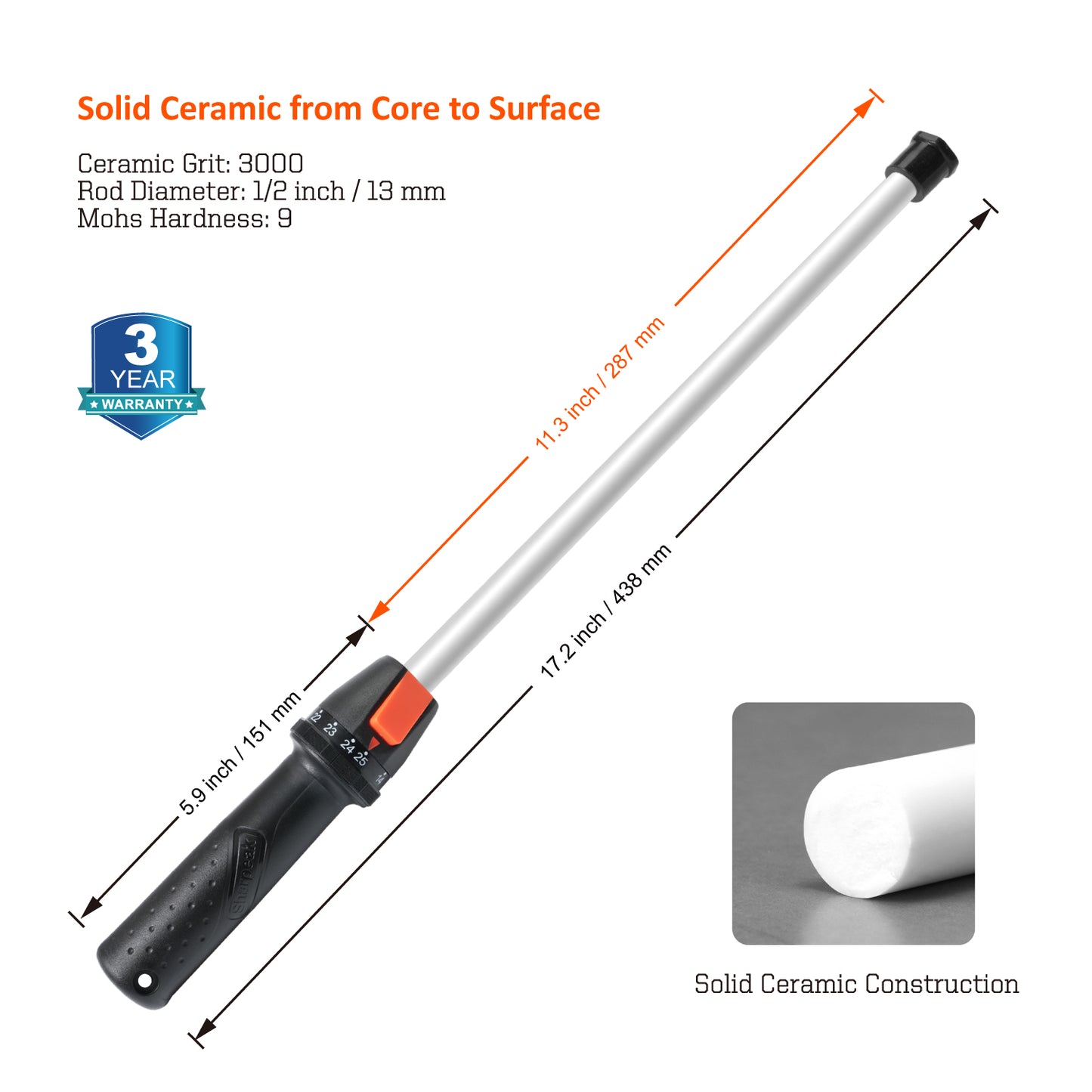 111H 12'' RODALL Ceramic Sharpening Rod, Angle Adjustable