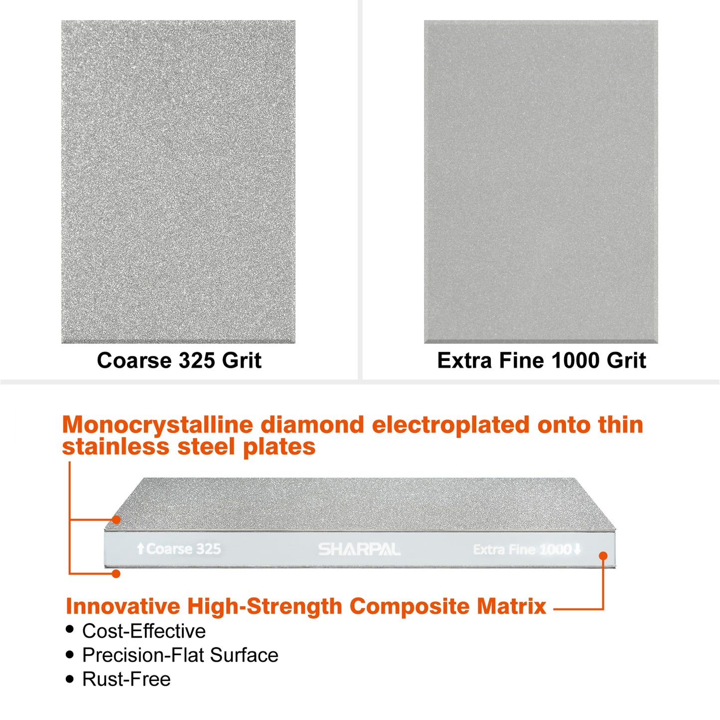 168H 8'' x 3'' Dual-Grit Diamond Sharpening Stone with Angle Guide (without storage case) Coarse 325 grit & Extra Fine 1000 grit