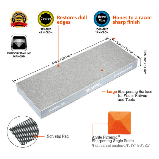 168H 8'' x 3'' Dual-Grit Diamond Sharpening Stone with Angle Guide (without storage case) Coarse 325 grit & Extra Fine 1000 grit
