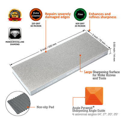 169H 8'' x 3'' Dual-Grit Diamond Sharpening Stone with Angle Guide (without storage case) Extra Coarse 220 grit & Fine 600 grit