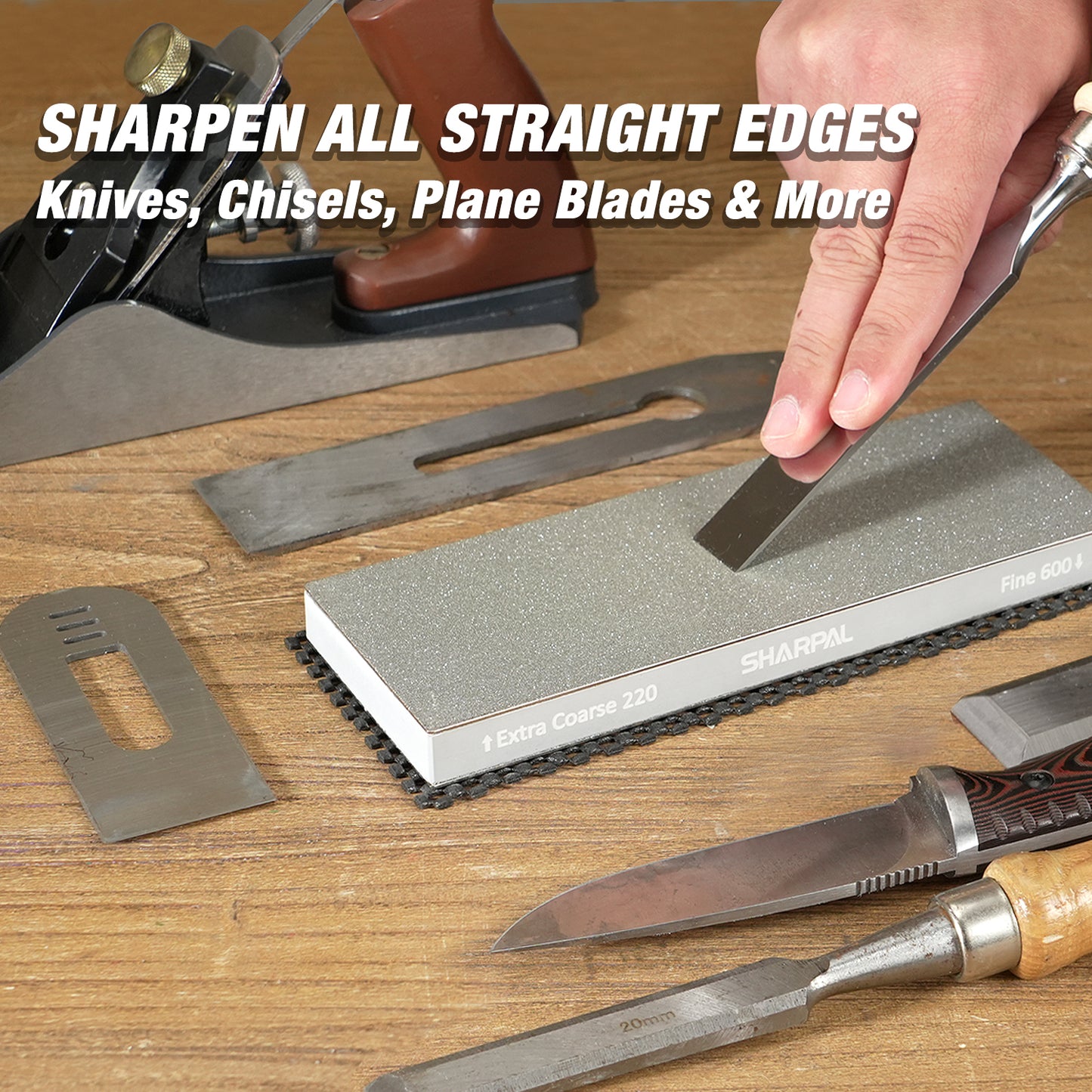 169H 8'' x 3'' Dual-Grit Diamond Sharpening Stone with Angle Guide (without storage case) Extra Coarse 220 grit & Fine 600 grit