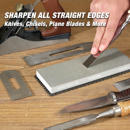 169H 8'' x 3'' Dual-Grit Diamond Sharpening Stone with Angle Guide (without storage case) Extra Coarse 220 grit & Fine 600 grit