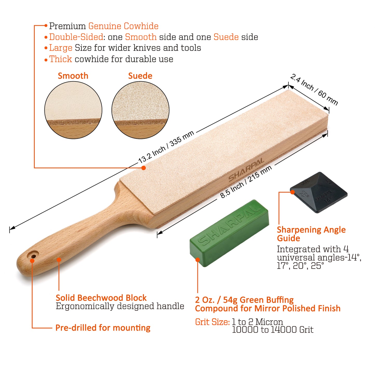 205H Double-Sided Leather Strop with Green Compound and Angle Guide  8.5" x 2.4" / 215 x 60mm