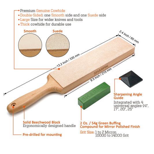 205H Double-Sided Leather Strop with Green Compound and Angle Guide  8.5" x 2.4" / 215 x 60mm