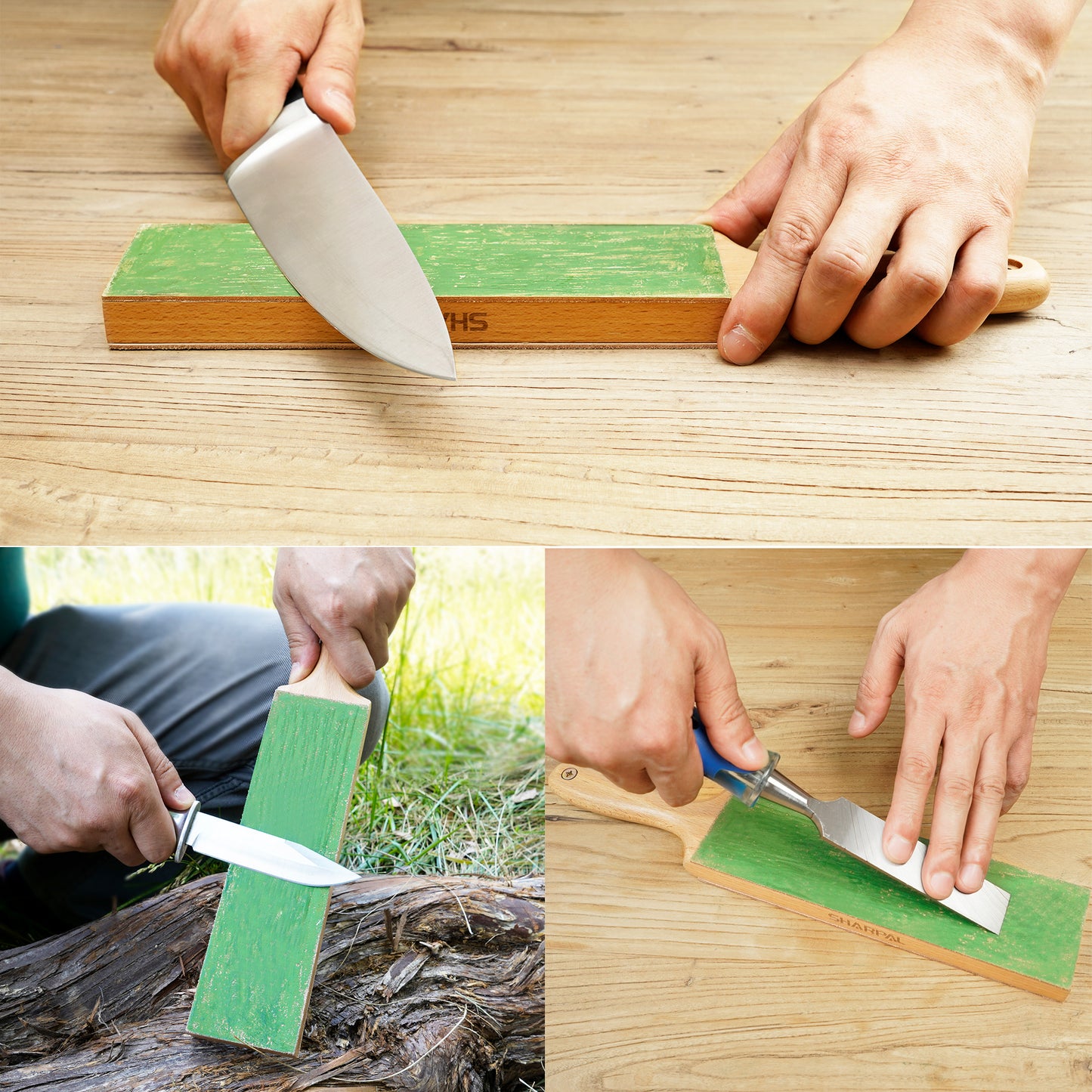 205H Double-Sided Leather Strop with Green Compound and Angle Guide  8.5" x 2.4" / 215 x 60mm