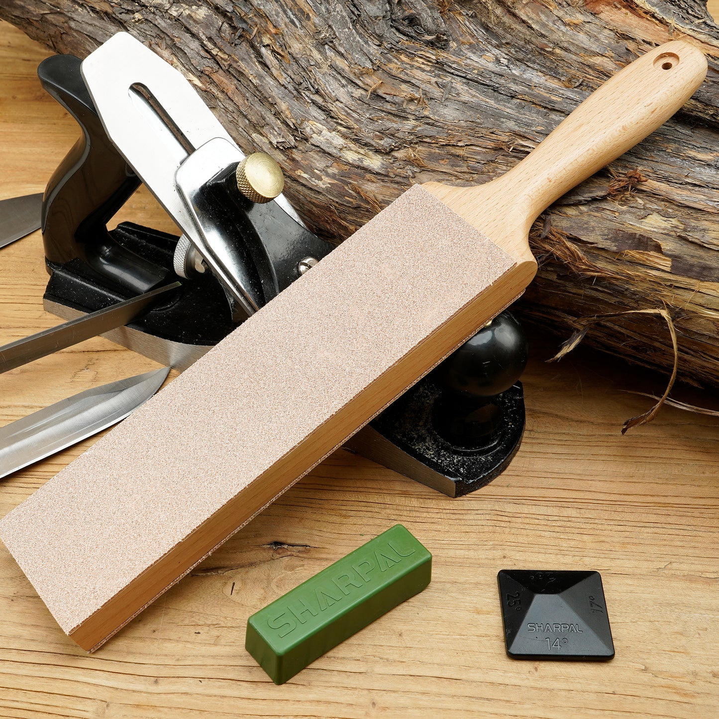 205H Double-Sided Leather Strop with Green Compound and Angle Guide  8.5" x 2.4" / 215 x 60mm